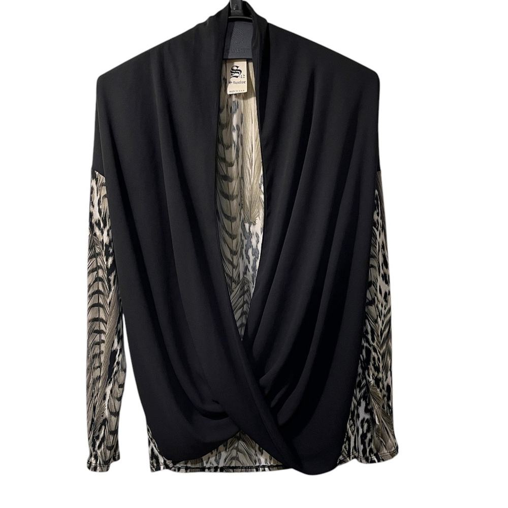 S-Twelve Mixed Media Leopard Print Draped Front Top Size Medium